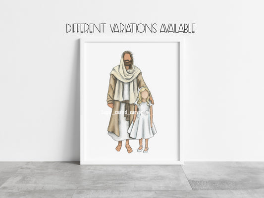 Baptism Girl with Jesus Christ Watercolor Print