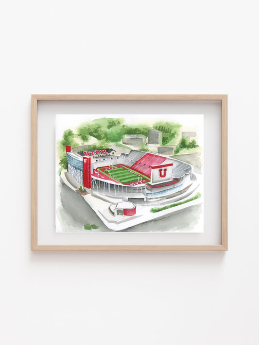 Red Football Stadium Utah Watercolor Print