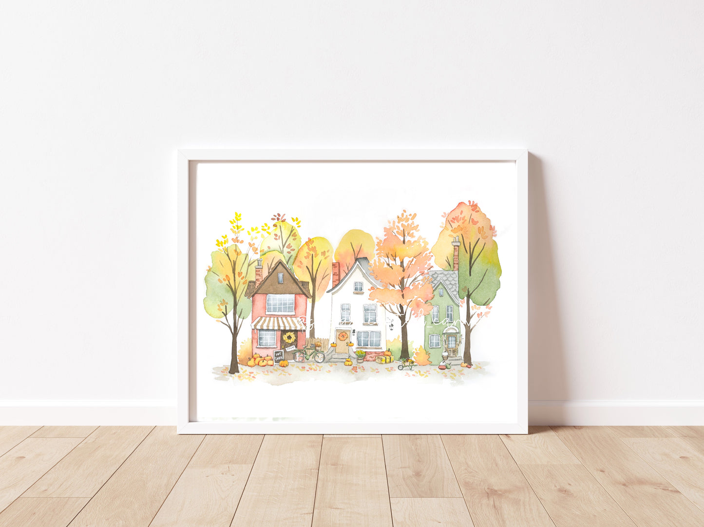 Cozy Fall Houses Watercolor Print