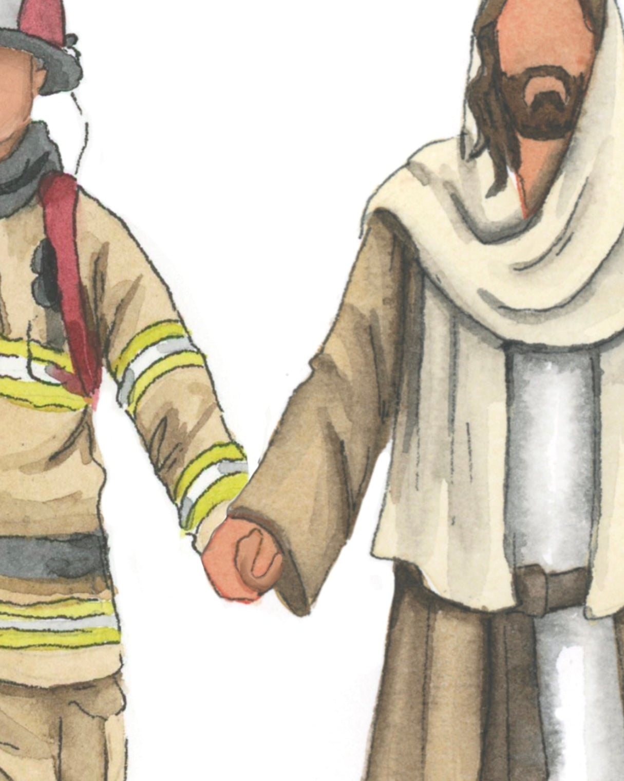Firefighter Walking with Jesus Christ Watercolor Print