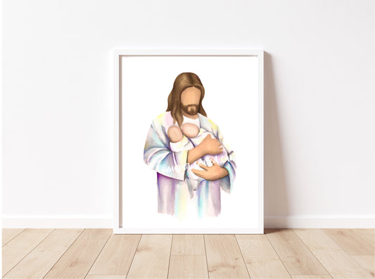 Jesus holding Two Babies Watercolor Print