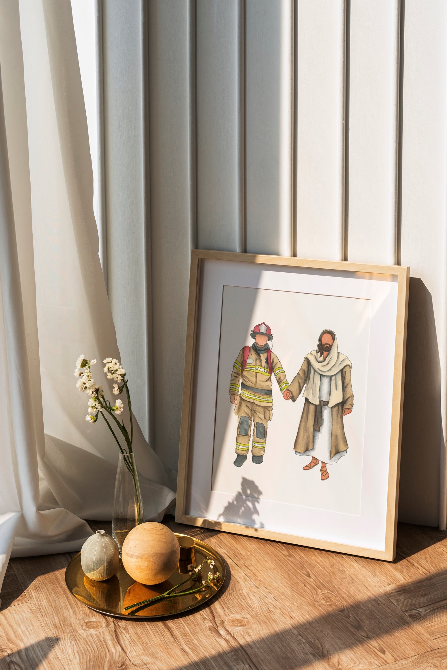 Firefighter Walking with Jesus Christ Watercolor Print