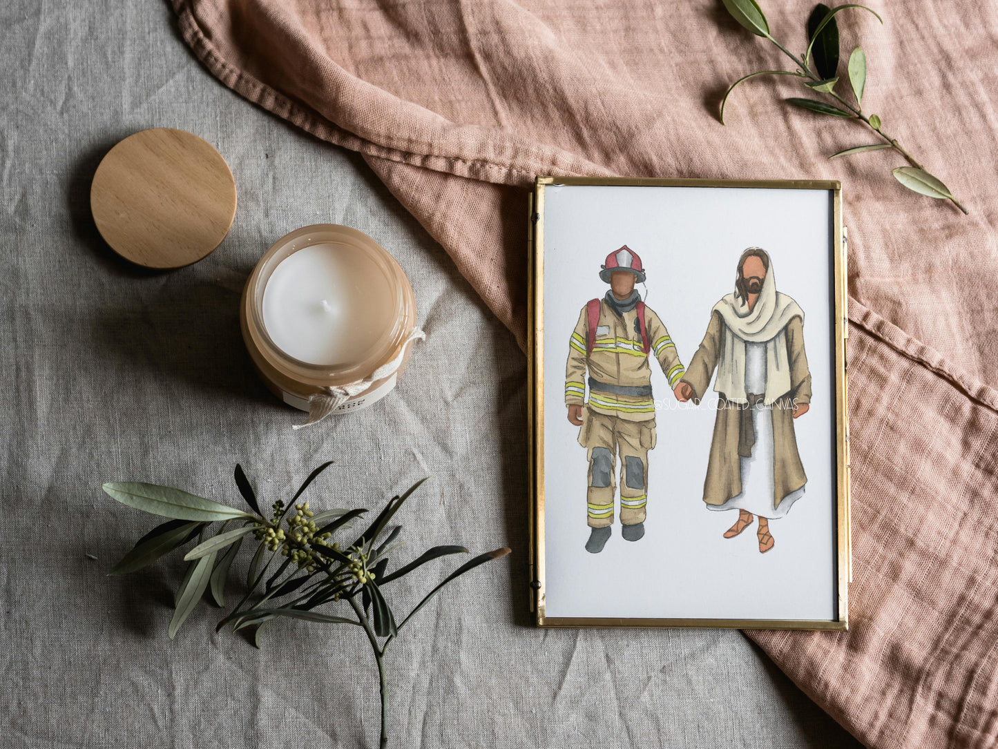 Firefighter Walking with Jesus Christ Watercolor Print