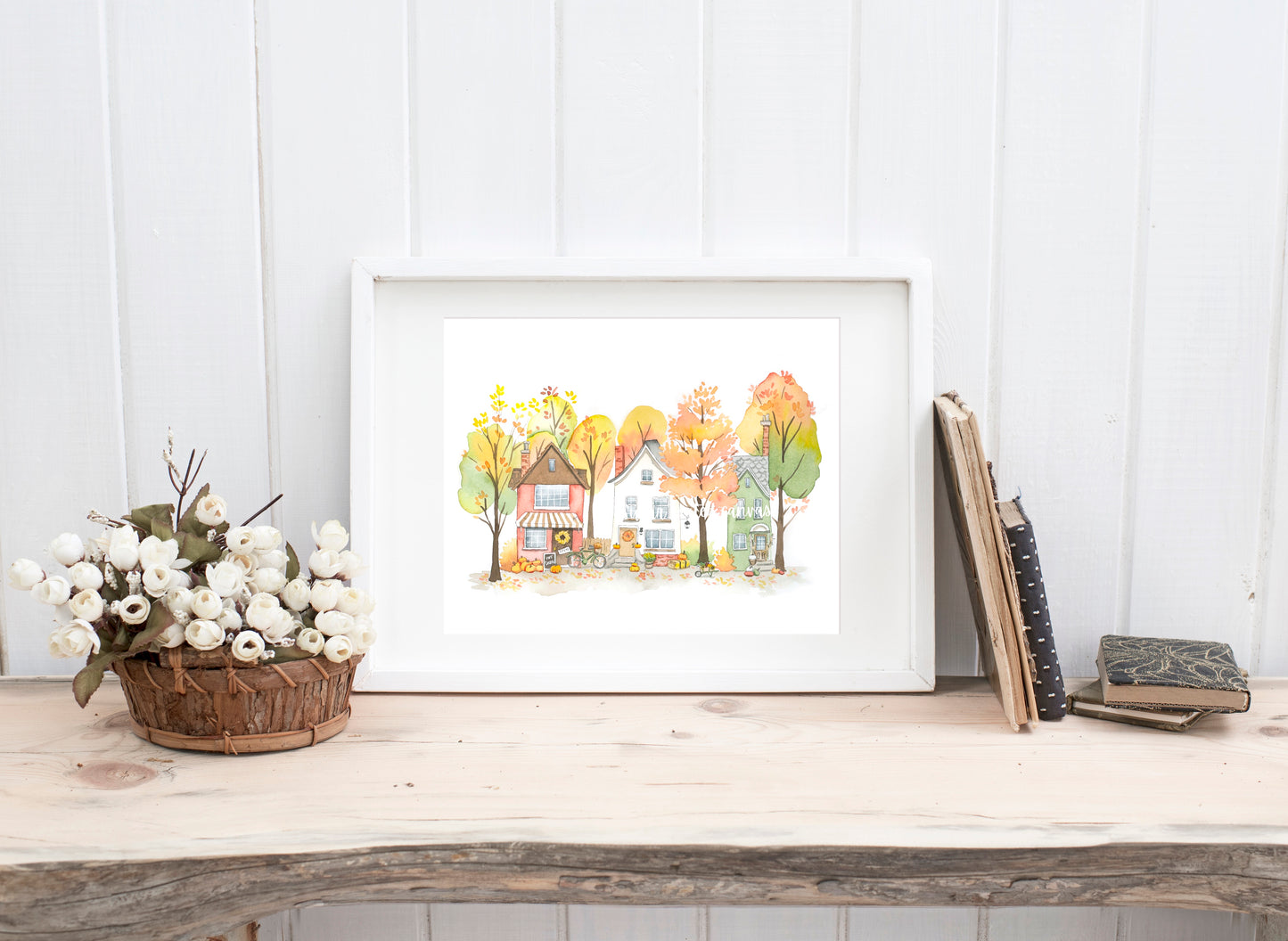 Cozy Fall Houses Watercolor Print