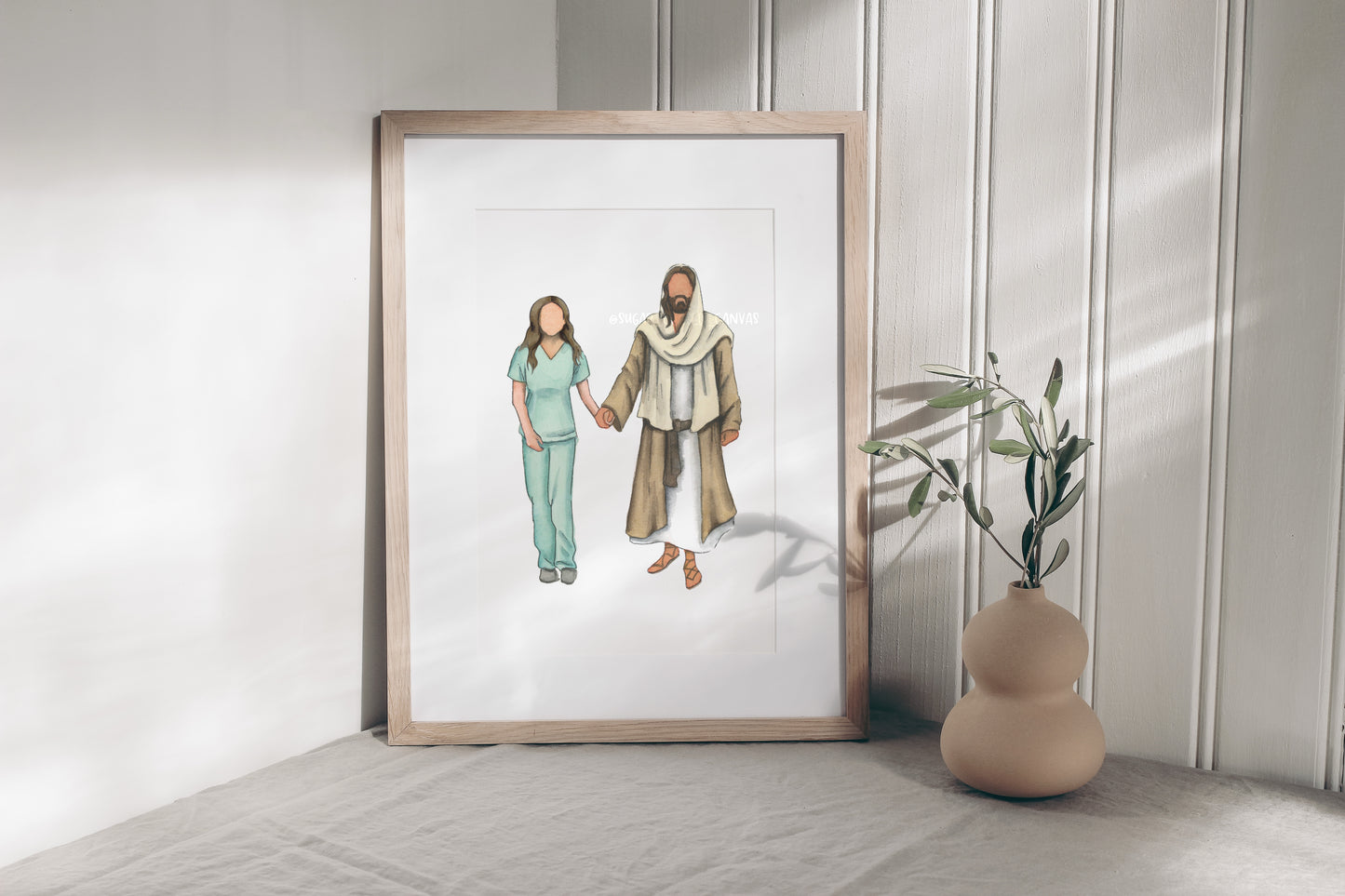 Nurse Walking with Christ Watercolor Print