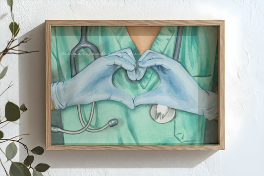 Nurse Heart Hands Watercolor Print