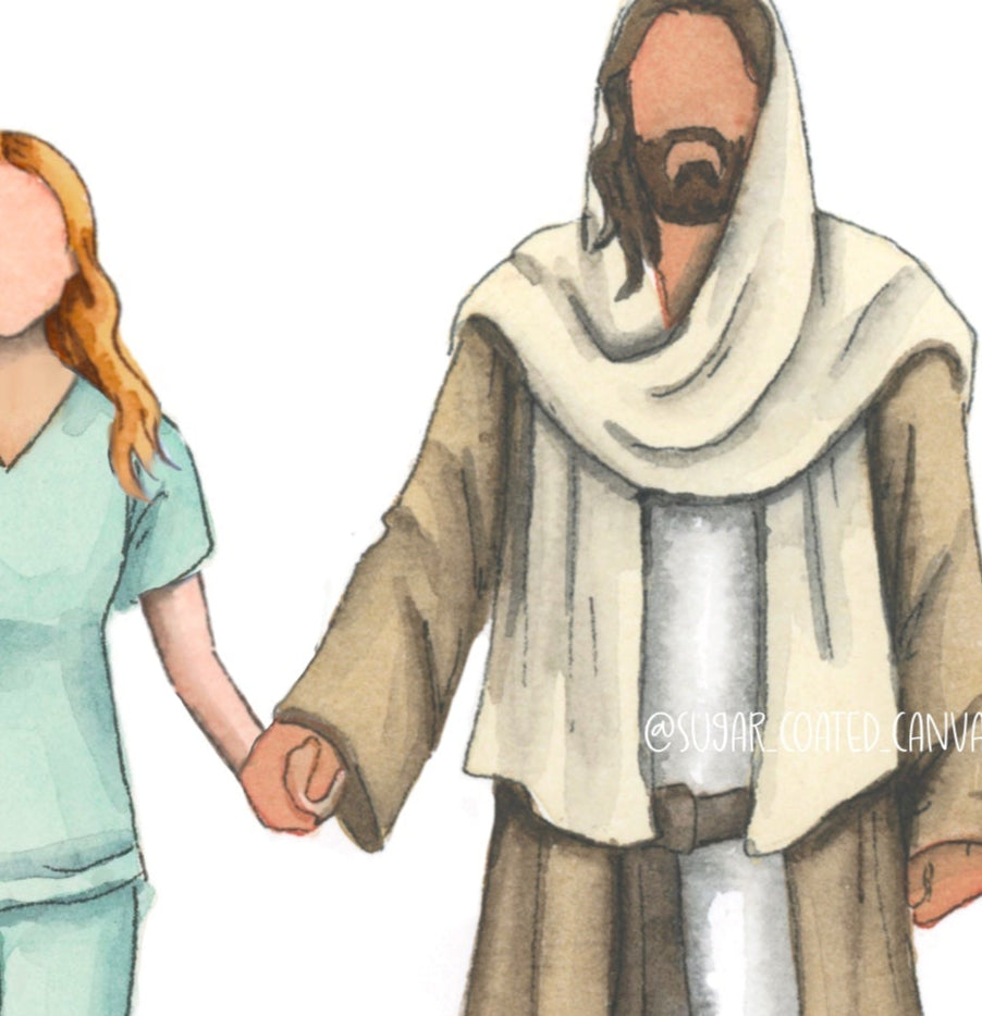 Nurse Walking with Christ Watercolor Print