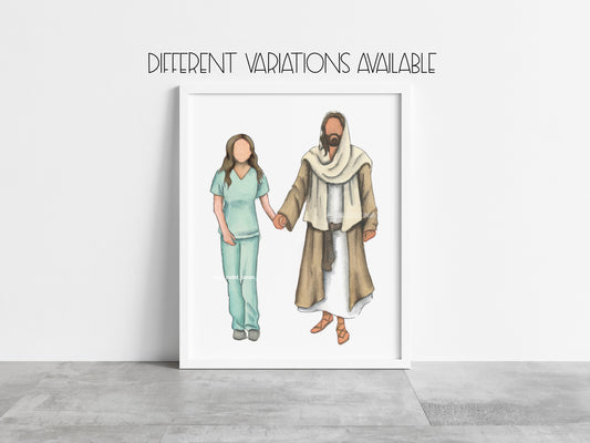 Nurse Walking with Christ Watercolor Print