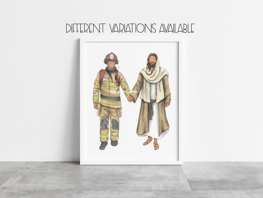 Firefighter Walking with Jesus Christ Watercolor Print