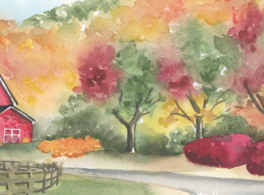 Painting of a red barn in an autumn landscape with trees and a fence.