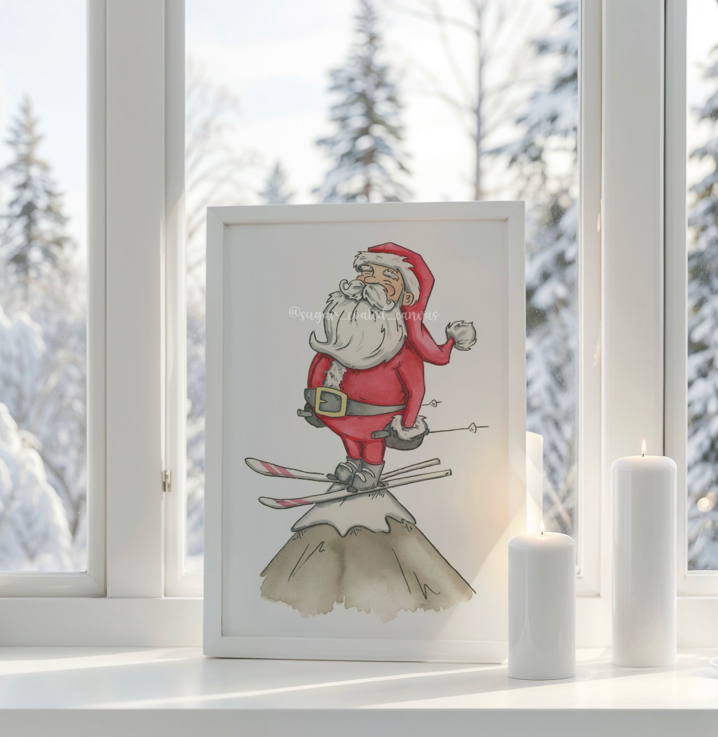 Ski Santa Watercolor Print