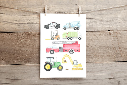 Vehicles Little Boys Room Watercolor Print