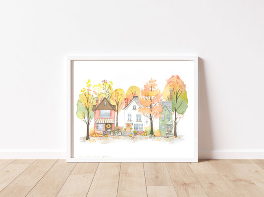 Cozy Fall Houses Watercolor Print