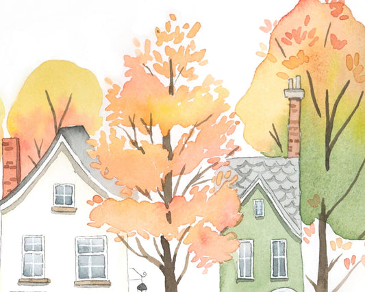 Cozy Fall Houses Watercolor Print
