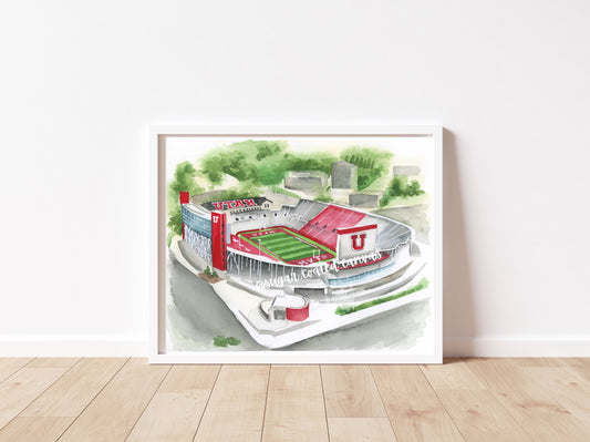 Red Football Stadium Utah Watercolor Print