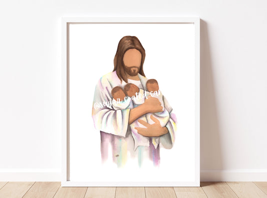 Jesus holding Three Babies Watercolor Print