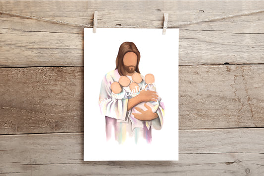 Jesus holding Five Babies Watercolor Print