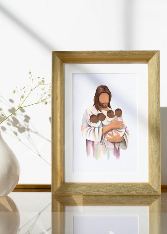 Jesus holding Four Babies Watercolor Print