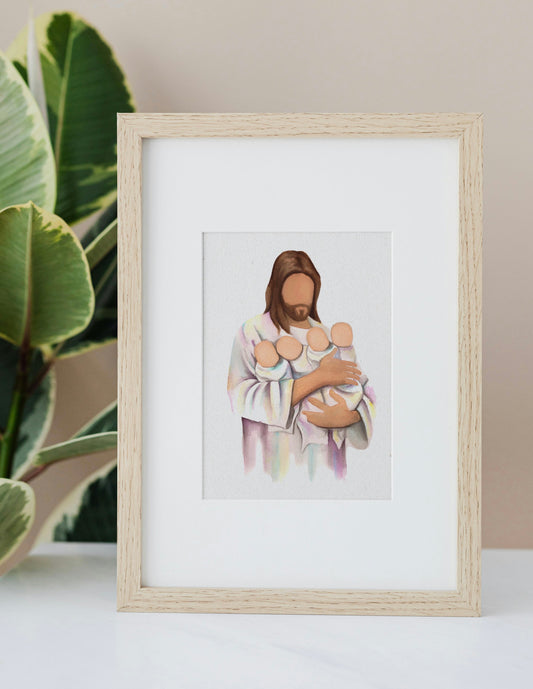 Jesus holding Four Babies Watercolor Print