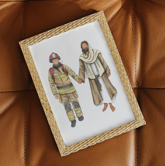Firefighter Walking with Jesus Christ Watercolor Print