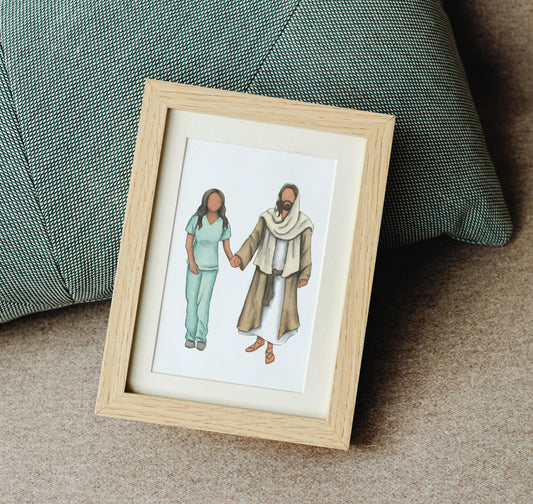 Nurse Walking with Christ Watercolor Print