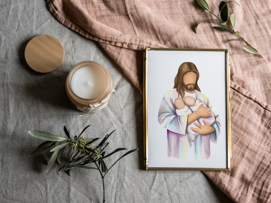 Jesus holding Two Babies Watercolor Print